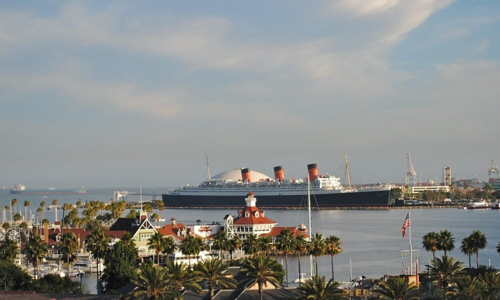 Ocean liner docked at Long Beach, California